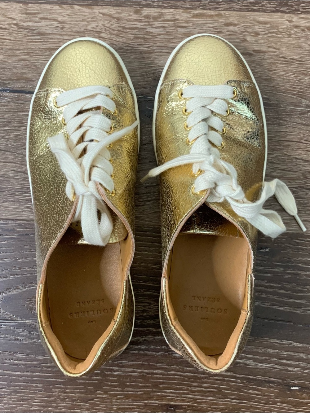 Sezane Womens Jack trainers smooth gold crackle metallic sneakers 37
